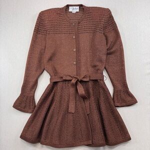 Vntg Miss JoAnn Wool Metallic Knit Dress Brown Belted Fit Flare Bell Sleeve 12